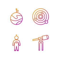 Set line Telescope, Astronaut, Moon with flag and Solar system. Gradient color icons. Vector