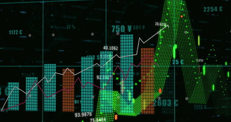 Image of financial data processing on black background