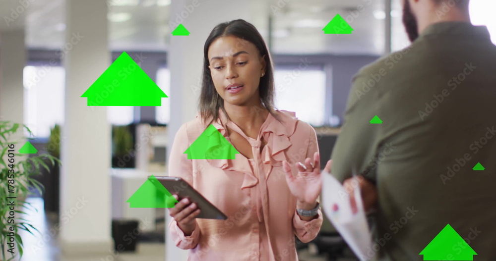 Sticker Image of green arrows processing over diverse business people in office