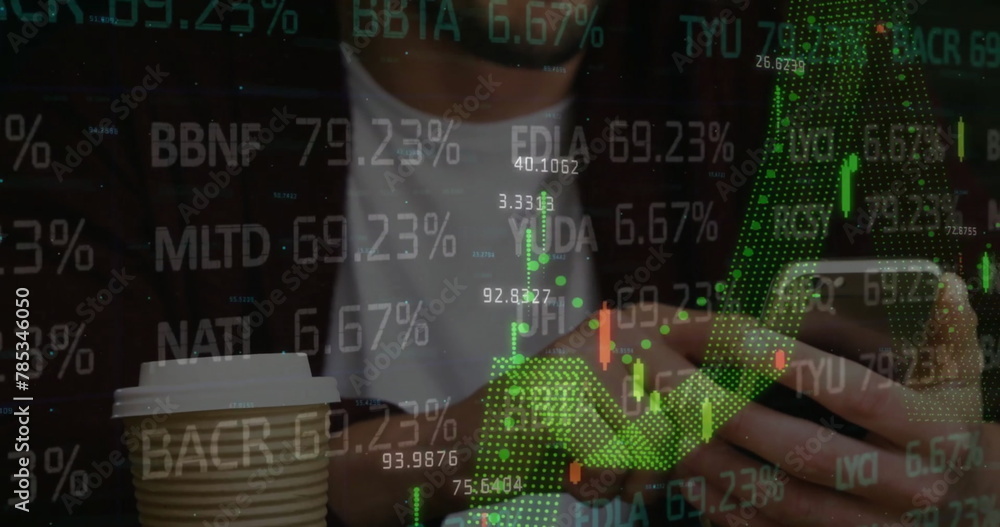Aufkleber image of financial data processing over caucasian man using smartphone in office
