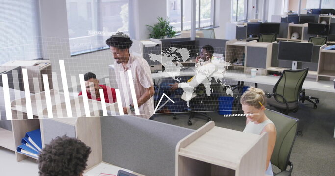 Image of financial data processing over diverse business people in office