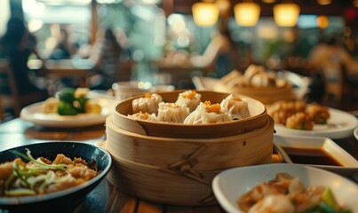 Dim sum in bamboo steamer at restaurant - Traditional bamboo steamer filled with delicious dim sum served on a wooden table in a modern restaurant - obrazy, fototapety, plakaty