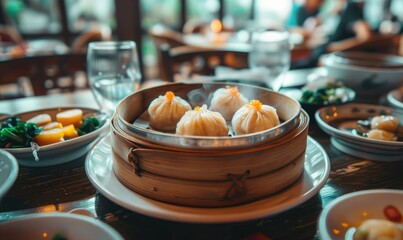 Dim sum steamed buns in bamboo steamer - Traditional Chinese dim sum delicacy, juicy steamed buns served in bamboo steamer on a wooden table - obrazy, fototapety, plakaty