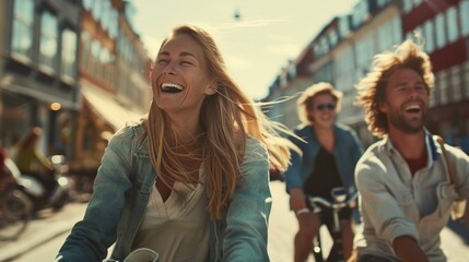 A group of friends riding bicycles in the city, laughing and having fun together on a sunny day.