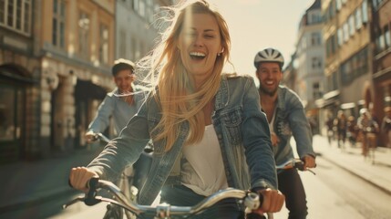 A group of friends riding bicycles in the city, laughing and having fun together on a sunny day.