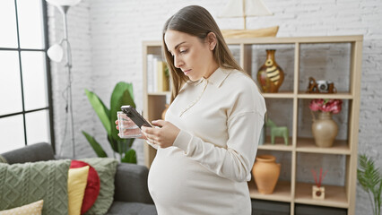 Pregnant hispanic woman with smartphone at home, standing against a cozy living room backdrop.