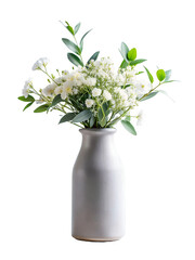 Wild flowers in grey vase on white or transparent background. Front view. Place for text, copy space.Generated by AI © Vero Dibe