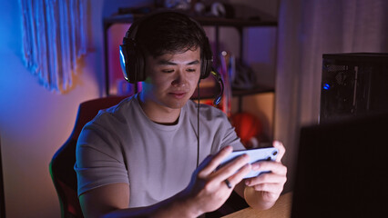 Young asian man gaming at night in a dark room, illuminated by colorful lights, wearing headphones.