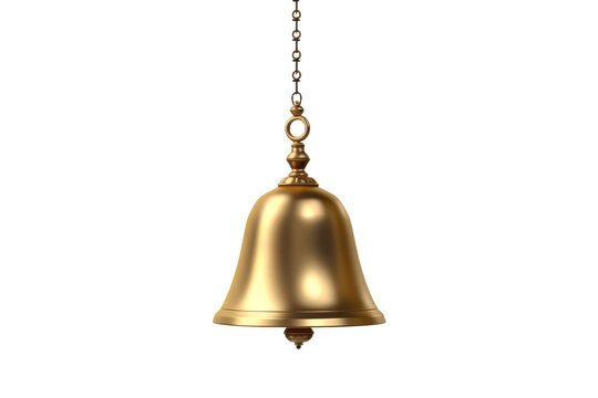 The Melodic Charm: A Gleaming Golden Bell Swinging From a Delicate Chain. On a White or Clear Surface PNG Transparent Background.