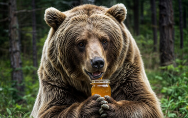 portrait of a brown bear with a jar of honey created with Generative AI technology