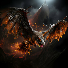 Fantasy flying dragon with open mouth on dark background. 3D rendering