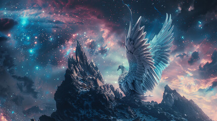 Fantastic creature with angel wings on the top of a mountain