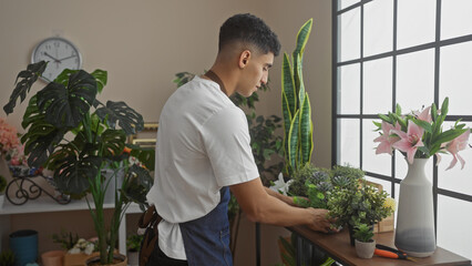 A man arranges plants inside a bright florist shop with a clock and window in the background