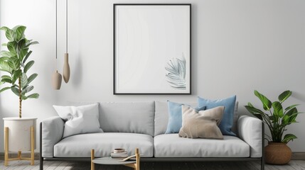 Interior of minimalistic living room, with a modern design and vertical poster frame hanging on wall