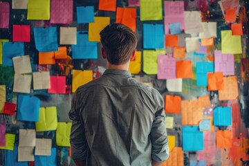 A picture of man standing in front of a wall covered in sticky notes, back view, creative concept of strategic business planning, organization of thinking. - Powered by Adobe