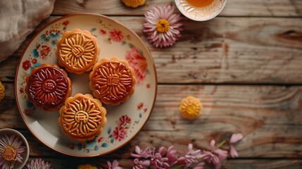 During the Mid Autumn Day Festival, classic Chinese mooncakes are served on a hardwood table with text space and presented on a lovely plate, Generative AI.