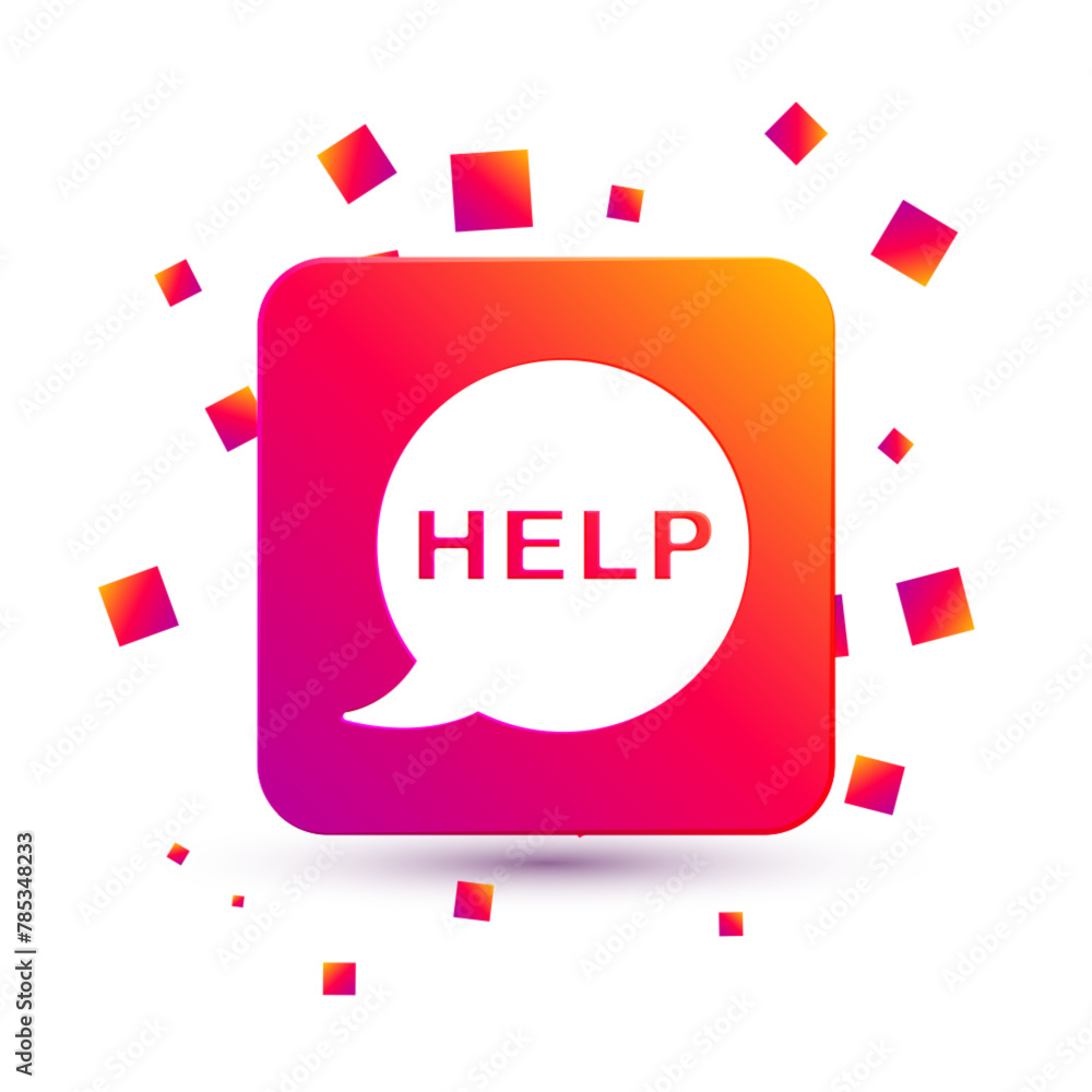 Poster white speech bubble with text help icon isolated on white background. square color button. vector