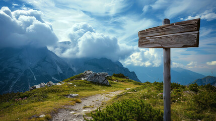 Wooden sign post  in the mountains