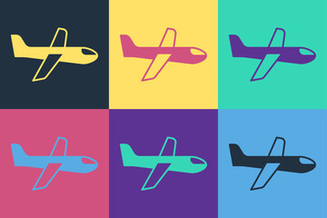 Pop art Plane icon isolated on color background. Flying airplane icon. Airliner sign. Vector