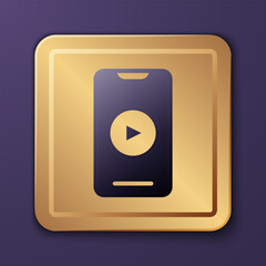Purple Online play video icon isolated on purple background. Smartphone and film strip with play sign. Gold square button. Vector