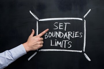 Hand points to set boundaries on blackboard, emphasizing limits