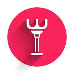 White Rake toy icon isolated with long shadow background. Children toy for beach games. Red circle button. Vector