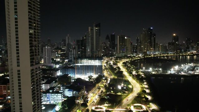 Aerial views from over Panama City Panama at night