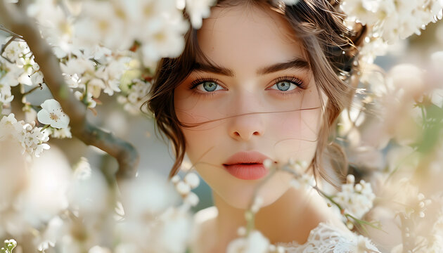 portrait of a beautiful blue eyes bride in spring flowers, romantic mood, wedding atmosphere