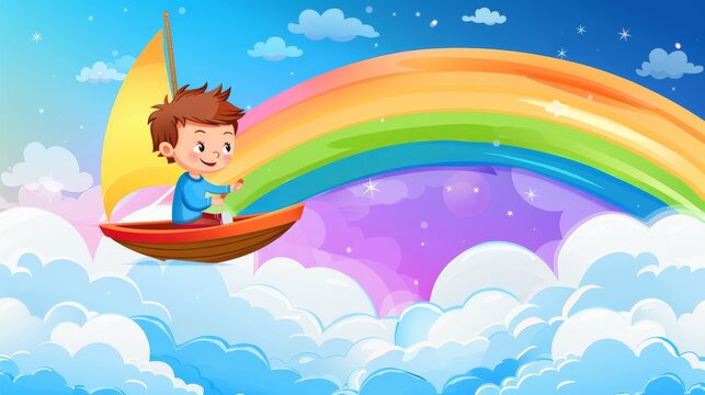 A brave young boy sailing on a rainbow above the clouds