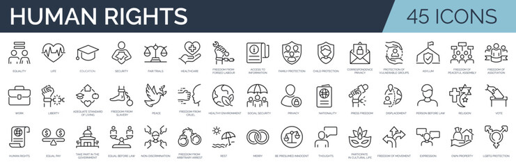 Set of 45 outline icons related to basic human rights. Linear icon collection. Editable stroke. Vector illustration - obrazy, fototapety, plakaty