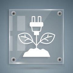 White Electric saving plug in leaf icon isolated on grey background. Save energy electricity. Environmental protection. Bio energy. Square glass panels. Vector