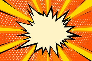 Orange background with a white blank space in the middle depicting a cartoon explosion with yellow rays and stars