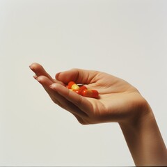  A hand gently cradles a variety of colorful pills and capsules presented with a clear and neutral background for healthcare topics