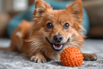 Roller dog chew toy,
Corgi fluffy puppy plays ball
 - obrazy, fototapety, plakaty