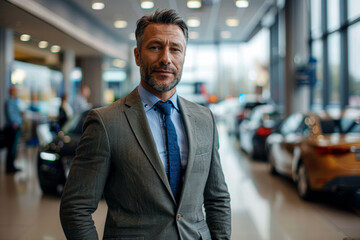 Fototapeta premium A man in a suit and tie stands in a car showroom. He is smiling and looking at the camera