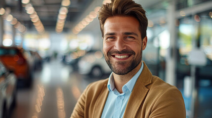 A man is smiling and posing for a picture in a car dealership. He is wearing a brown jacket and a blue shirt