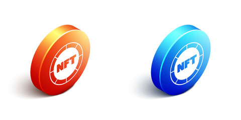 Obraz premium Isometric NFT Digital crypto art icon isolated on white background. Non fungible token. Orange and blue circle button. Vector