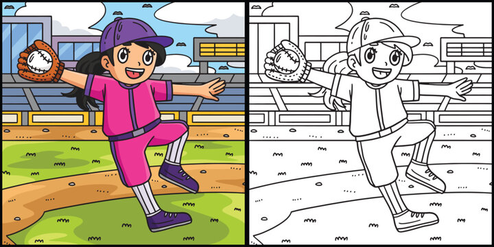 Girl Catching Baseball Coloring Page Illustration