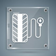 White Tire pressure gauge icon isolated on grey background. Checking tire pressure. Gauge, manometer. Car safe concept. Square glass panels. Vector