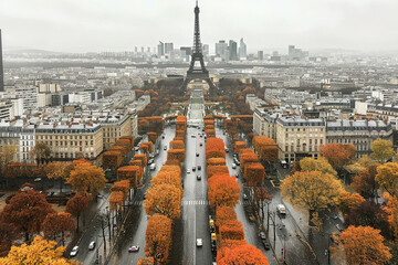 Aerial autumn view of Eiffel Tower and Parisian streets from Trocadéro