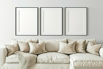 Frame Mockup Wall. Mockup frame in farmhouse living room interior. Interior mockup with rectangular vertical frame hanging on a white textured wall mockup house background.
