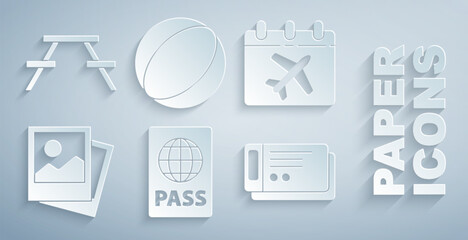 Set Passport, Calendar and airplane, Photo, Travel ticket, Beach ball and Picnic table with benches icon. Vector - Powered by Adobe