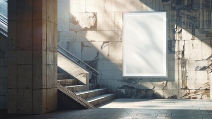 a big white blank empty advertising poster mockup displayed on a city outdoor wall, complemented by...