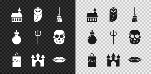 Set Castle, Owl, Witches broom, Burning candle, Vampire teeth, Bomb ready to explode and Neptune Trident icon. Vector