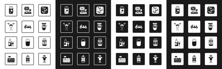 Set Plant, Pickup truck, Smart farm with drone, Jam jar, Well bucket, Soil ph testing, Jar of honey and Wine bottle glass icon. Vector