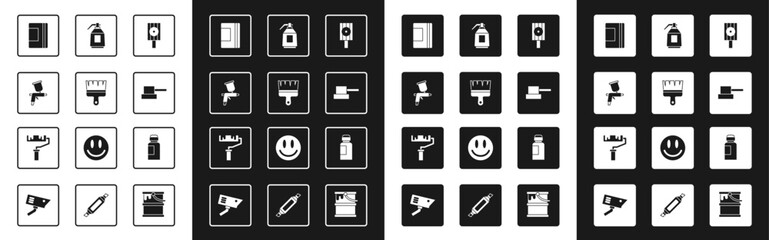 Set Spray can nozzle cap, Paint brush, spray gun, Spiral notebook, Paint, gouache, jar, dye and roller icon. Vector