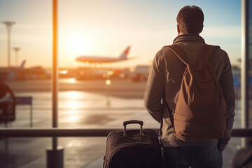 AI generated image of handsome nice happy man flying and looking at window