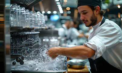 A man in a black apron is washing dishes in a restaurant. The scene is busy with other people working in the kitchen