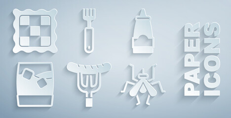 Set Sausage on the fork, Sauce bottle, Glass of whiskey with ice, Mosquito, Fork and Checkered napkin icon. Vector