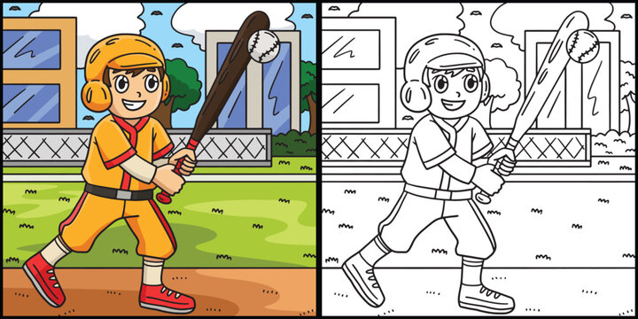 Boy Hitting Baseball Coloring Page Illustration